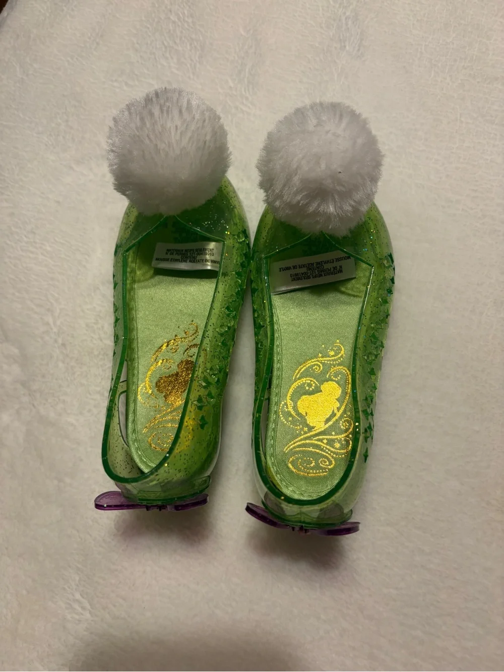 Girls' Disney Green Tinkerbell Sparkle Jelly dress up shoes with White Pom Poms